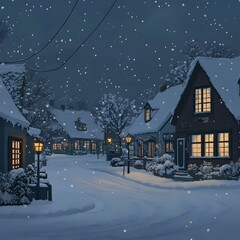 Fototapeta premium Snowy Winter Evening in a Charming Village, Cozy Houses with Warm Lights, Peaceful Atmosphere Surrounded by Snow-covered Trees and Soft Glow of Street Lamps