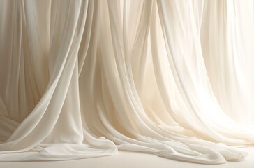 White stage with soft, draped fabrics in the background