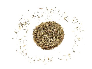 Raw portion of dried thyme on a white background.