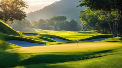 A tranquil golfing experience on a meticulously groomed course, Golf essentials elegantly displayed, Classic sporting style
