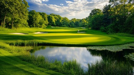 A tranquil golfing experience on a meticulously groomed course, Golf essentials elegantly displayed, Classic sporting style