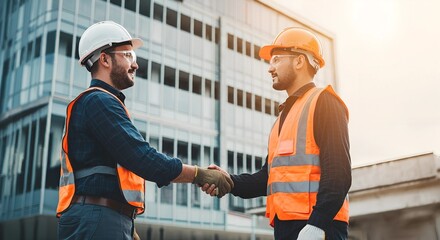 workers hand shake front of the building , realistic , cinematic colors , advertising shooting