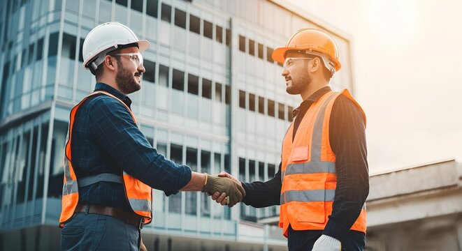 workers hand shake front of the building , realistic , cinematic colors , advertising shooting