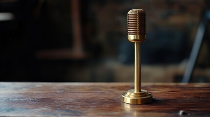 A vintage-style microphone on a wooden table, ideal for recording or performance.