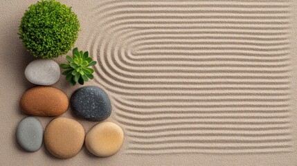 A serene arrangement of stones and greenery on a textured sand surface, creating a peaceful and meditative atmosphere.