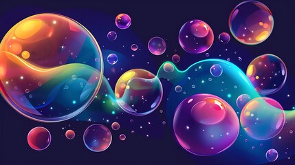 A vibrant, colorful illustration of bubbles floating against a dark background, showcasing light and reflections.