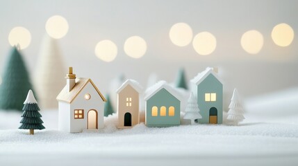 A serene winter scene featuring miniature houses and trees, creating a cozy, festive atmosphere with soft glowing lights in the background.