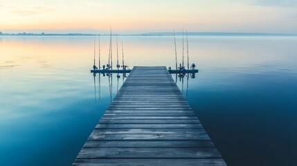 Fototapeta premium A tranquil sea fishing dock at sunrise, Fishing tackle arranged neatly, Coastal serenity style