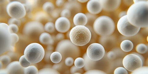 A close-up image of numerous white spherical structures, resembling cells or microorganisms, set against a softly blurred background.