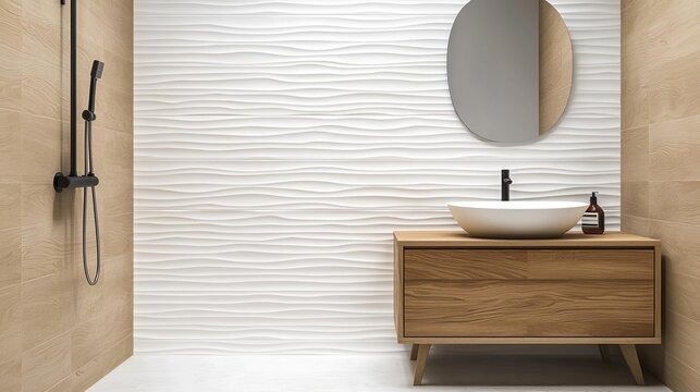 Modern bathroom sleek materials concepts. Walkin shower with 3D wall tiles, innovative contemporary touch