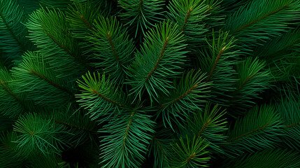 Fir branches green needle abstract background Christmas texture. Horizontal composition.