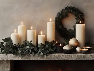 Elegant and Cozy Christmas Arrangement with Pillar Candles, Greenery, and Decorative Ornaments on a Stone Mantel in a Softly Lit Setting