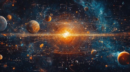 A astrological chart with planets arranged in each house with intricate connections, against a background of dark cosmic light.