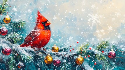 Vibrant Red Cardinal Perched on Snowy Christmas Tree Branch with Ornaments Against a Soft Winter Background in a Seasonal Holiday Scene