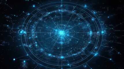 A full circle astrological chart showing the twelve constellations, with connections between planets and their houses in dark blue tones.