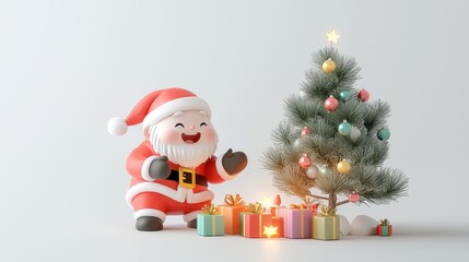 Cheerful Santa Claus Cartoon Character with a Festive Christmas Tree Surrounded by Colorful Presents in a Bright and Joyful Holiday Setting