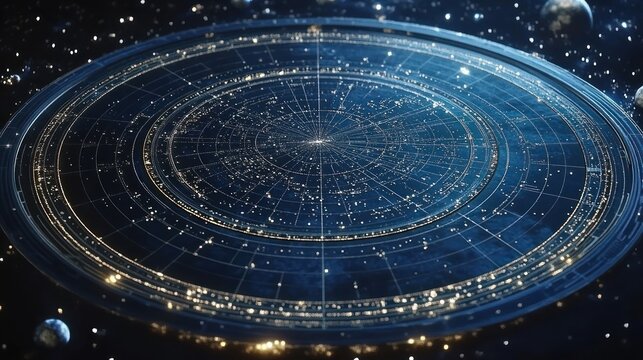 A full circle birth chart, showing the positions of the planets on the day of birth, with intricate connections between the houses and the twelve constellations under a starry sky.