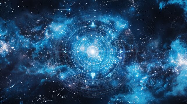 A full circle birth chart, showing the positions of the planets on the day of birth, with intricate connections between the houses and the twelve constellations under a starry sky.