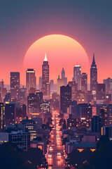 Naklejka premium Urban Sunset Symphony: A Skyline Bathed in Golden Glow