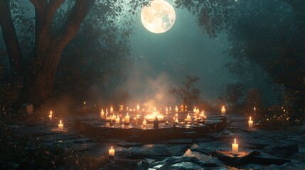 Obraz premium A magical ritual in a foggy forest. A magic circle surrounded by candles and energy crystals. Moonlight shines through the sky above the altar.