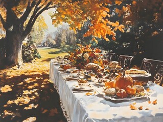 Picturesque Autumn Outdoor Dining Experience with Colorful Leaves, Seasonal Decorations, and Abundant Food Spread Perfect for Thanksgiving or Harvest Celebrations