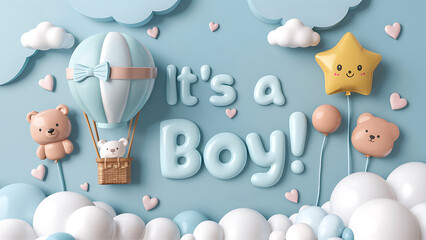 Its a boy banner with cartoon hot air balloon, helium balloons and clouds on blue background. Childern elements background 3d illustration