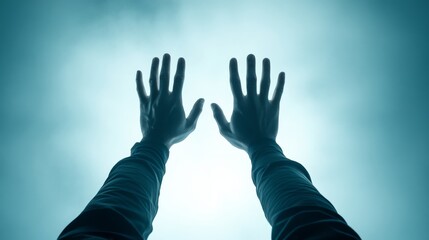 Hands reaching towards light in a calming atmosphere.