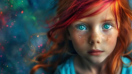 A close-up of a girl with vibrant red hair and striking blue eyes, set against a colorful, abstract background.