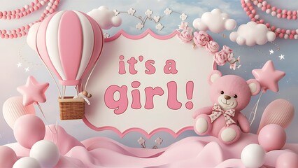 Its a baby girl banner with cartoon hot air balloon, helium balloons and clouds on blue background. Childern elements background 3d illustration