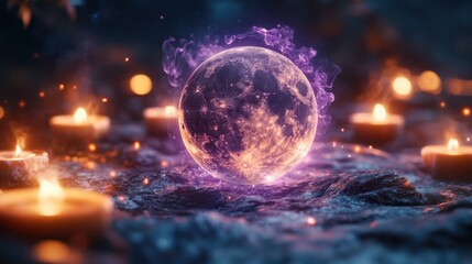 A Wiccan full moon symbol, with purple energy lines floating out of the symbol, surrounded by burning candles.