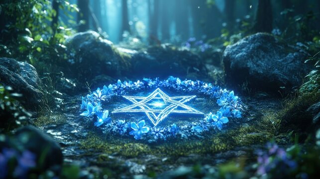 A Wiccan pentacle circle symbol, decorated with flowers and energy crystals Glowing blue in a mysterious forest setting