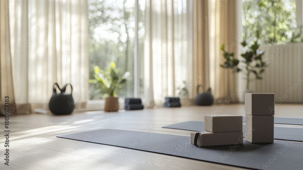 Poster a tranquil yoga mat setup with yoga blocks and straps neatly aligned, a calm, airy space with natura
