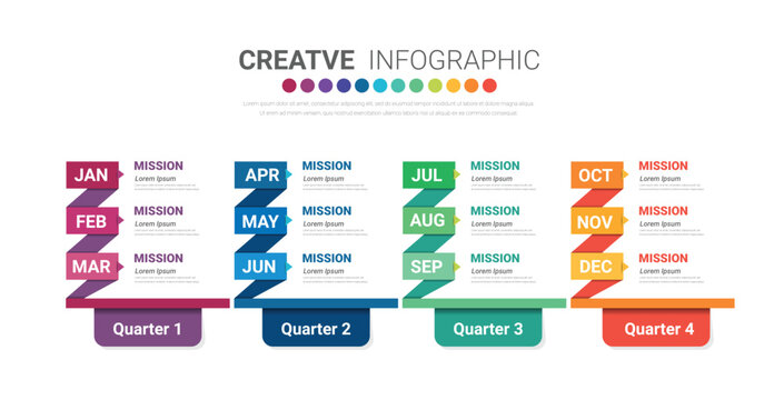 Calendar 12 months in 4 quarters, Infographic template for business 1 year can be used for annual report, workflow, process diagram, flow chart.
