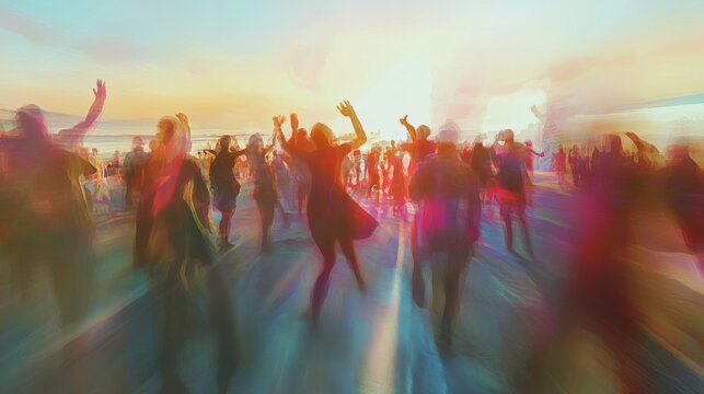 Joyful people dancing at sunset celebration.
