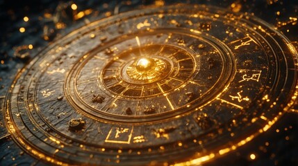 Fototapeta premium Golden astrological wheel spinning against a dark backdrop, intricate zodiac symbols, elegant and mystical feel, glowing edges
