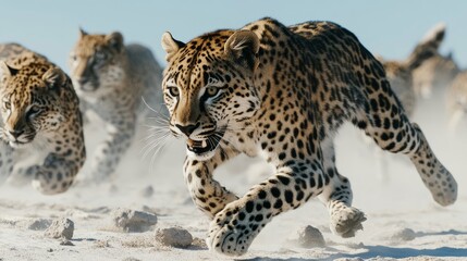 Leopard pack running in snowy landscape.