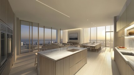 Fototapeta premium Contemporary Open-Concept Kitchen and Living Area with Stunning Ocean Views bathed in Natural Light from Floor-to-Ceiling Windows at Sunrise