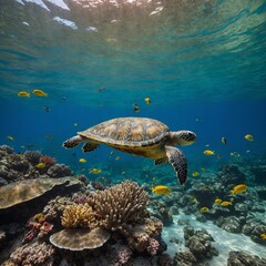 Obraz premium A pair of turtles swimming in a coral reef filled with colorful fish.