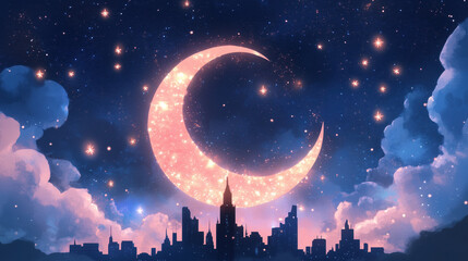 city skyline at night with dazzling crescent moon and twinkling stars, creating magical atmosphere