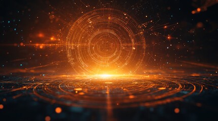 Modern astrological charts using digital data to display the positions of planets. There are graphical movements and energy lines on the digital display.