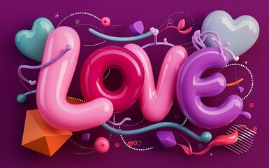 3d love text with colorful lettering. Love logo 3D inflated editable text effect. Valentine's day elements.