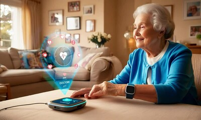An elderly woman smiles while using a smart health device at home. - Powered by Adobe