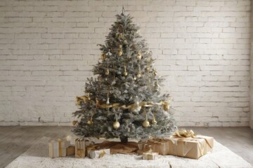 Festive Christmas tree in cozy room with white bricks, silver, gold ornaments, gift boxes, and furry rug. Warm holiday vibes.