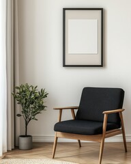 A cozy corner featuring a stylish chair, a potted plant, and a minimalist framed picture, creating a serene and inviting atmosphere.