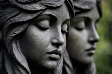 Intricately Carved Stone Sculpture of Two Faces in Contemplative Pose Amidst Garden Setting
