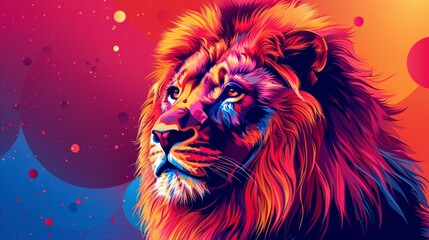 Naklejka premium Vibrant colorful lion portrait, majestic, powerful.