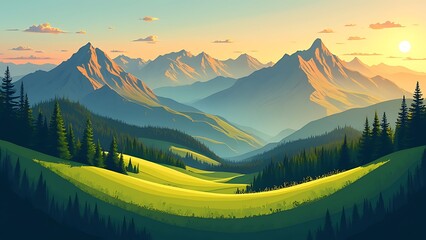 Landscape sunset in mountains with Forest nature illustration.