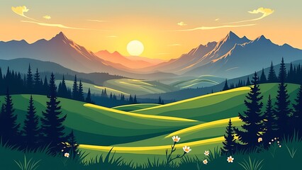 Landscape sunset in mountains with Forest nature illustration.