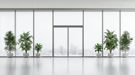 Fototapeta premium Modern office space with large windows and plants.
