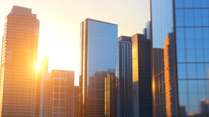 Naklejka premium Modern skyscrapers reflecting sunlight at sunset.
